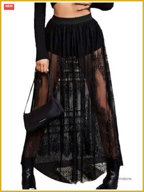 Sheer Lace Maxi Skirt High Waist Mesh A-Line Flowy Long Skirt